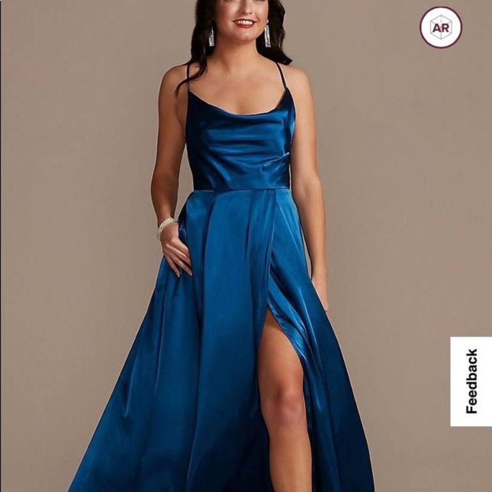 David’s Bridal Charmeuse Cowl Bridesmaid Dress with a lace-Up Back in Sapphire